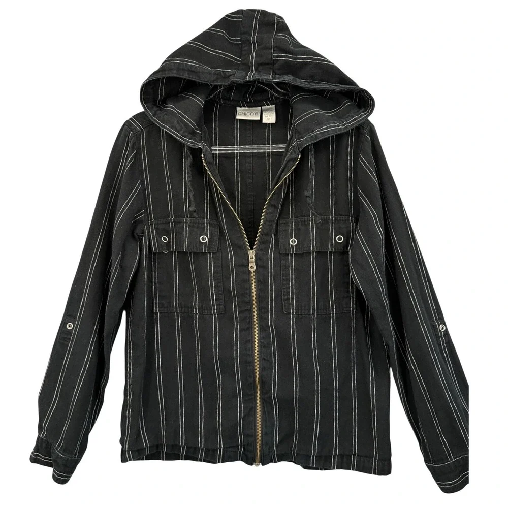 Chico's Jacket Women Size 1 (Medium) Striped Hooded‎ Full Zip Linen Cotton Blend
